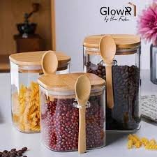 Glass Jars Set of 3 * 15 OZ-Food Storage Containers Clear Kitchen Canister with Bamboo Spoon Airtight For Serving Candy,Coffee Tea, Flour, Sugar, Cookie, Cereal