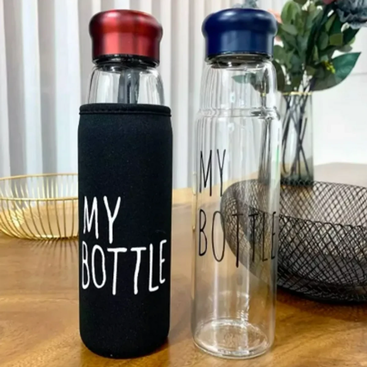 Jazz style water bottle with glass