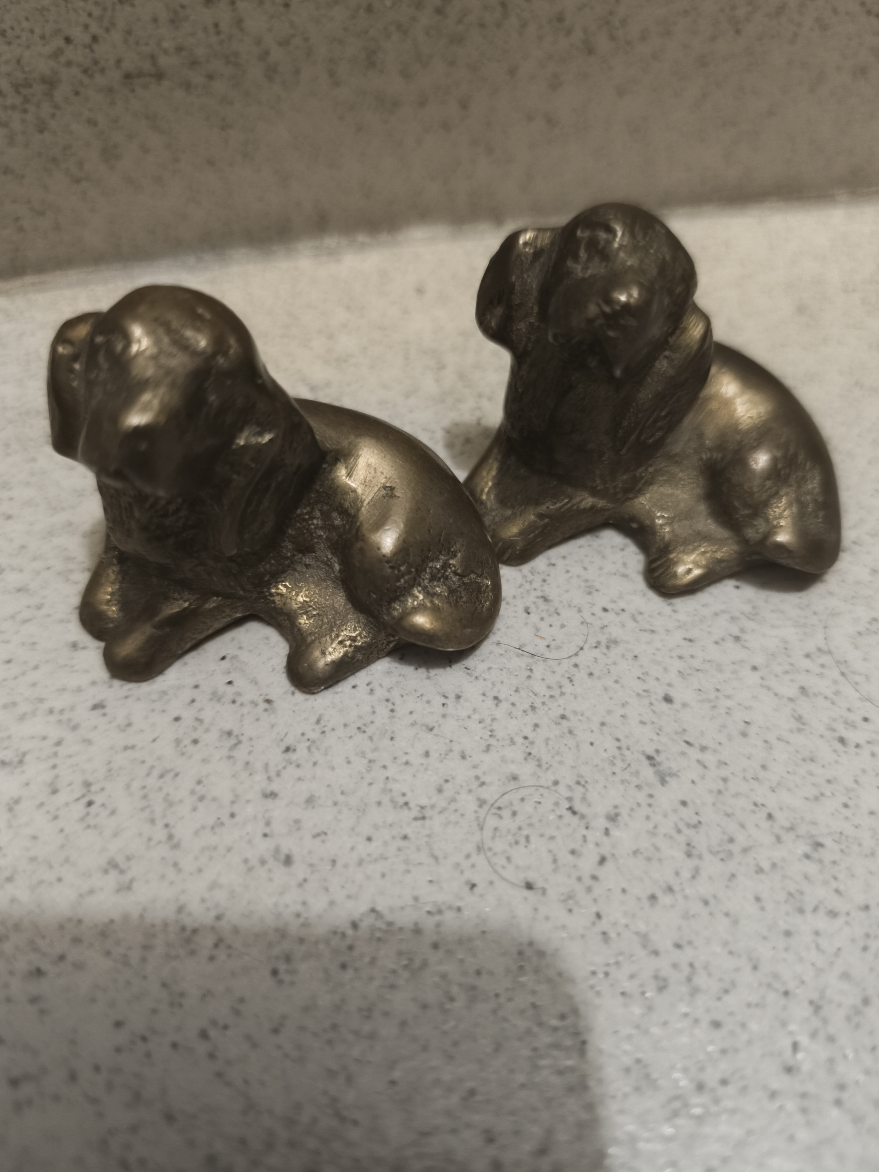 এক জোড়া পুরোনো পিতলের কুকুরছানার মূর্তি